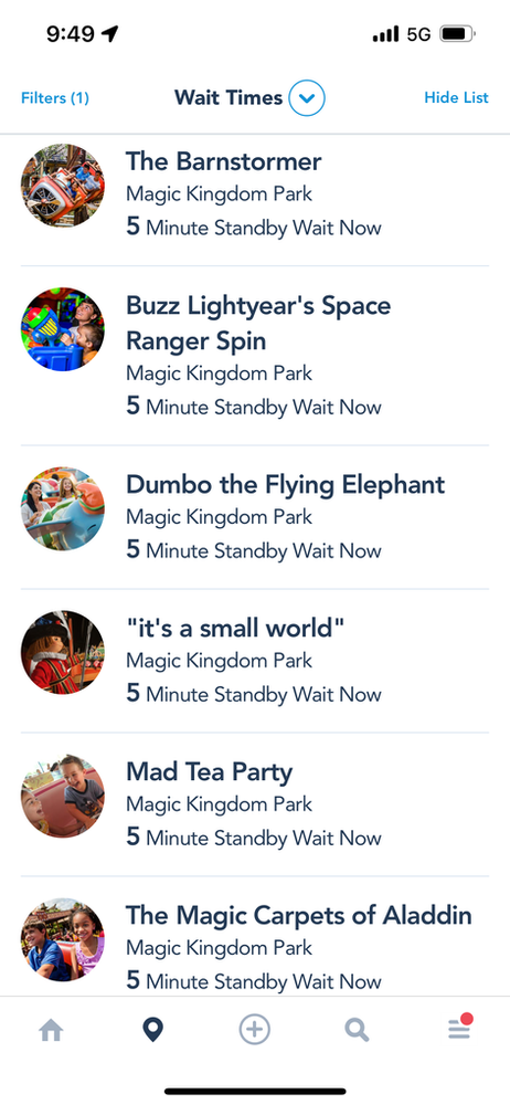 A screenshot showcasing the low wait times during rope drop at Magic Kingdom. 